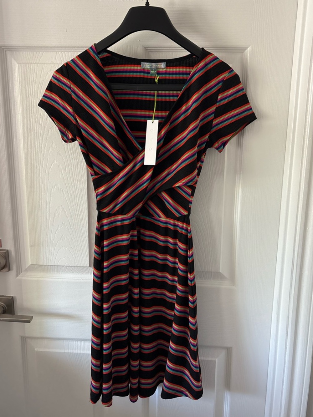 NWT Good Luck Gem Multi-Color Striped Faux Wrap Ribbed Dress Size S